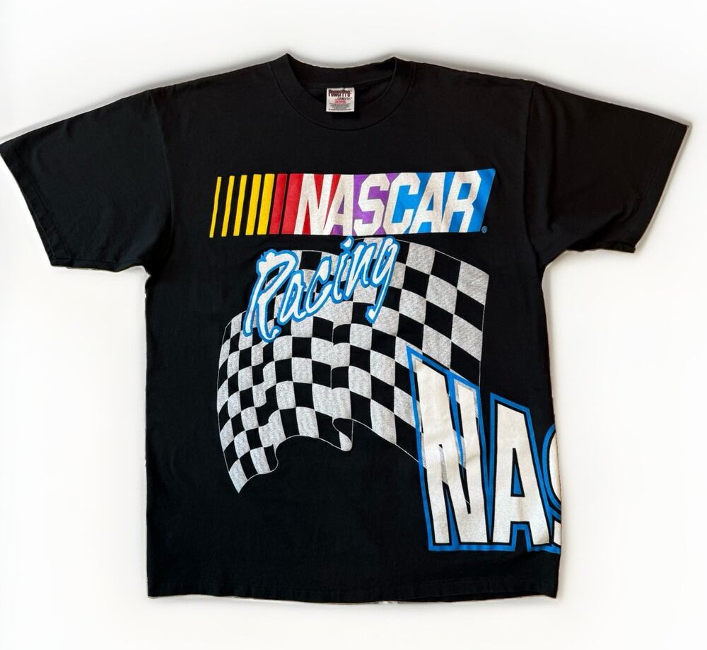 Vintage Nascar Racing Shirt XL Black 90s Made in USA Racing Flag Streetwear